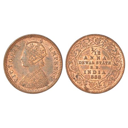 Dewas, SB (senior branch), Krishnaji Rao (1860-1899 AD), copper 1/12 anna, 1888 AD, KM 11,