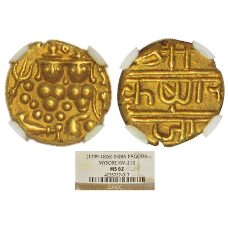 Mysore, Krishnaraja Wodeyar (1799-1868 AD), gold pagoda, KM C210. Obv: Shiva Parvati seate