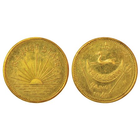 Rajkot, Dharmendra Singhji (1930-1948 AD), gold mohur, VS 1945, KM X1, 8.00g. Obv: Legend 