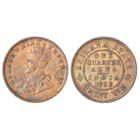 Sailana, Jaswant Singh (1890-1919 AD), copper ¼ anna, 1912 AD, KM 16, 4.86g. Obv: Portrait