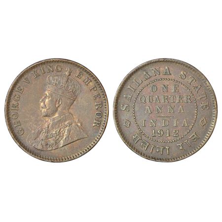 Sailana, Jaswant Singh (1890-1919 AD), copper ¼ anna, 1912 AD, KM 16, 4.75g. Obv: Portrait
