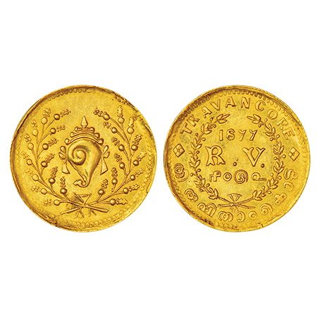 Travancore, Rama Varma IV (1860-1880 AD), gold pagoda, 1877 AD, KM 26, 2.54g. Obv: Sankha 