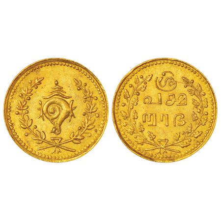 Travancore, Tulabharam , gold ½ pagoda, ND (1870-1931 AD), KM X10, 1.27g. Obv: Sankha in s