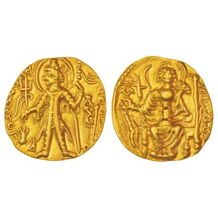 Kushans, gold dinar of Vasudeva II (c.267-300 AD), Goebl 576, 7.81g. Obv: Crowned, diademe