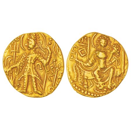 Kushans, gold dinar of Vasudeva II (267-300 AD), Göbl 577, 7.70g. Obv: Nimbate king standi