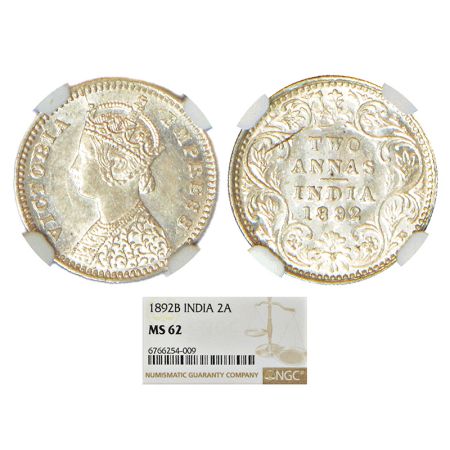 Victoria Empress, silver 2 annas, 1892, Bombay mint, B/II/'B' incused, PR 547; GK 792. NGC