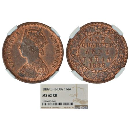 Victoria Empress, copper ¼ anna, 1889, Bombay mint, B/I/no mint mark, PR 644, GK 847. NGC 