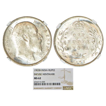Edward VII, silver rupee, 1903, Bombay mint, 'B' incused and dot, PR 199; GK 926. NGC grad