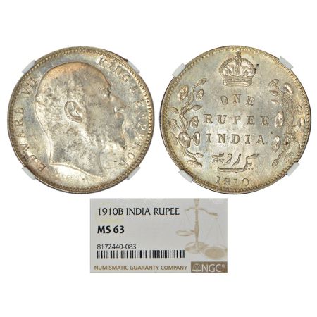 Edward VII, silver rupee, 1910, Bombay mint, 'B' incused and dot, PR 206; GK 956-958. NGC 