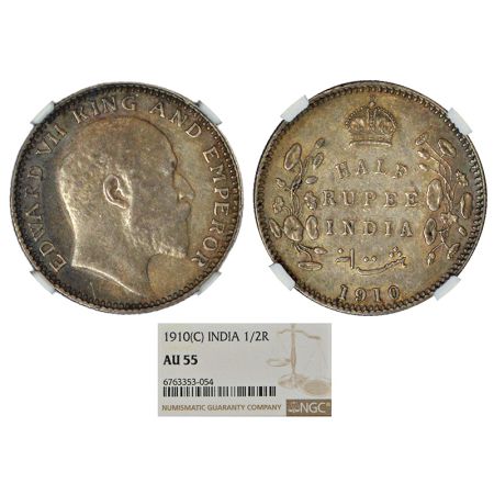 Edward VII, silver ½ rupee, 1910, Calcutta mint, no mm, PR 314; GK 971. NGC graded AU55, R
