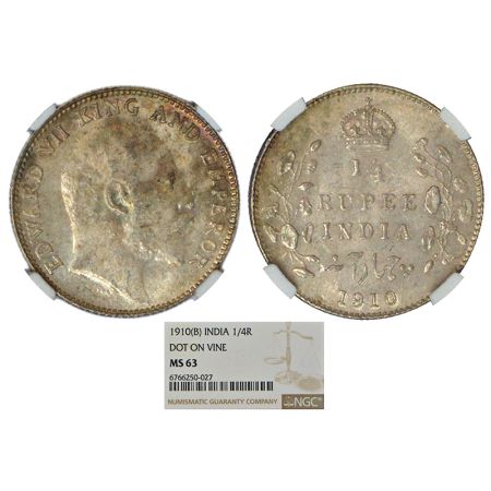 Edward VII, silver ¼ rupee, 1910, Bombay mint, dot on vine/stem, unlisted in PR; GK 979. N