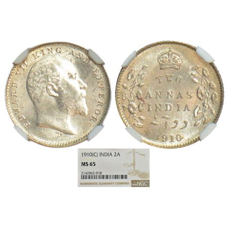 Edward VII, silver 2 annas, 1910, Calcutta mint, no mm, PR 563; GK 987. NGC graded MS65, R
