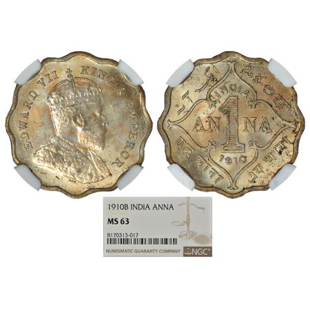 Edward VII, cupro-nickel 1 anna, 1910, Bombay mint, 'B' incused, PR 929; GK 993. NGC grade