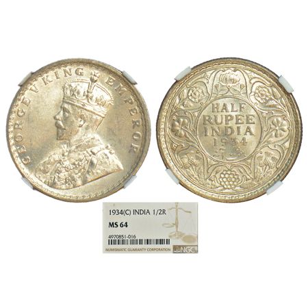 George V, silver ½ rupee, 1934, Calcutta mint, no dot, PR 334; GK 1074. NGC graded MS64, R