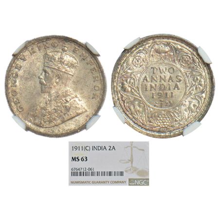 George V, silver 2 annas, 1911, Calcutta mint, no dot, pig type, PR 564; GK 1107. NGC grad