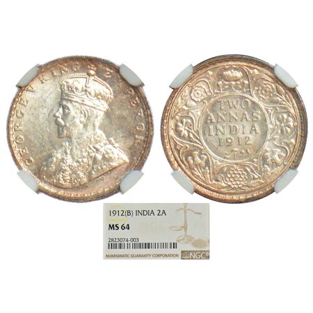 George V, silver 2 annas, 1912, Bombay mint, dot, elephant type, PR 571; GK 1109. NGC grad