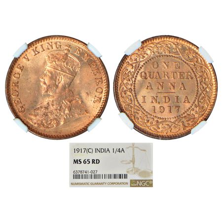 George V, bronze ¼ anna, 1917, Calcutta mint, no dot, PR 662; GK 1176. NGC graded MS65RD, 