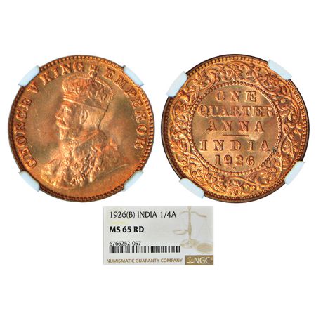 George V, copper ¼ anna, 1926, Bombay mint, dot, PR 679; GK 1183. NGC graded MS65RD, Rare.