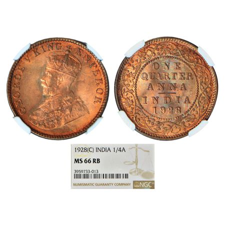 George V, bronze ¼ anna, 1928, Calcutta mint, no dot, PR 669; GK 1188. NGC graded MS66RB, 