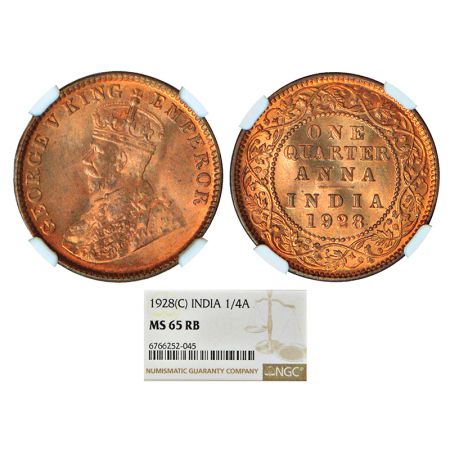 George V, bronze ¼ anna, 1928, Calcutta mint, no dot, PR 669; GK 1188. NGC graded MS65RB, 