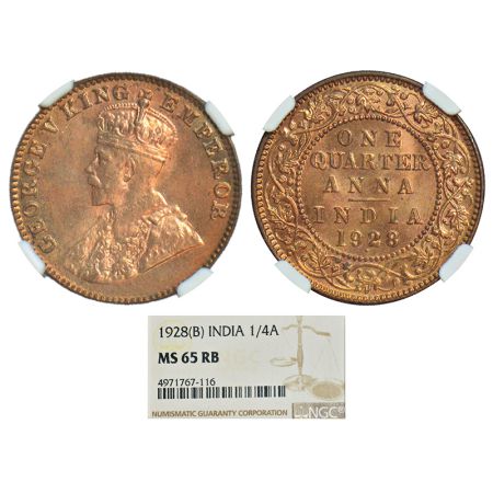 George V, bronze ¼ anna, 1928, Bombay mint, dot, PR 681; GK 1187. NGC graded MS65RB, Rare.