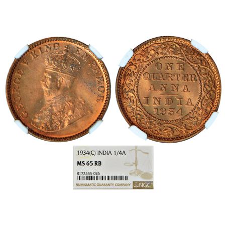 George V, bronze ¼ anna, 1934, Calcutta mint, no dot, PR 674; GK 1194. NGC graded MS65RB, 