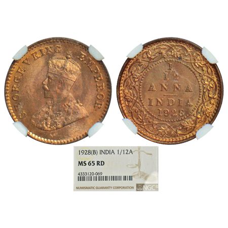 George V, bronze 1/12 anna, 1928, Bombay mint, dot, PR 856; GK 1243. NGC graded MS65RD, Ra