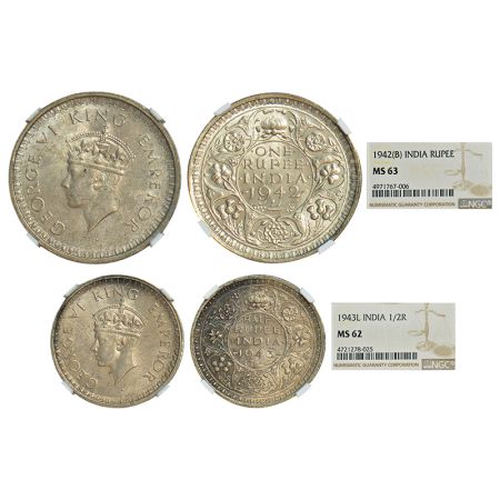 George VI, half silver coins (2), 1x rupee, 1942, Bombay mint, B(a)/II/diamond, GK 1264 an