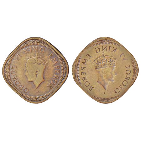 George VI, nickel-brass 2 annas, head type II, obverse part brockage (Lakhi) on reverse, 5