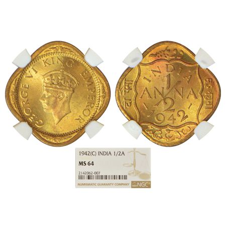 George VI, nickel-brass ½ anna, 1942, Bombay mint, PR 990; GK 1404. NGC graded MS64, Rare.