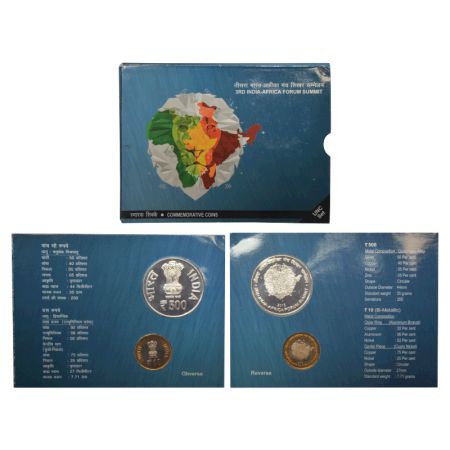 2015, 3rd India-Africa Forum Summit, UNC set of 2 coins, 500 rupees and 10 rupees, Kolkata
