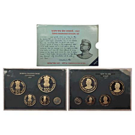 1997, Netaji Subhas Chandra Bose, Proof set of 4 coins, 100 rupees, 50 rupees, 10 rupees a