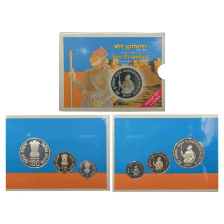 2003, Veer Durgadas, Proof set of 3 coins, 100 rupees, 10 rupees and 1 rupee, Mumbai mint,