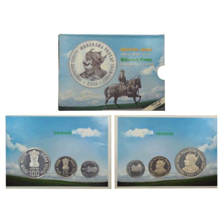 2003, Maharana Pratap, Proof set of 3 coins, 100 rupees, 10 rupees and 1 rupee, Mumbai min