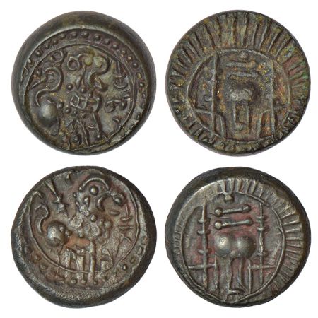 Vishnukundin dynasty of Vengi - 'lion' type, two uninscribed alloyed copper coins (c.500-6