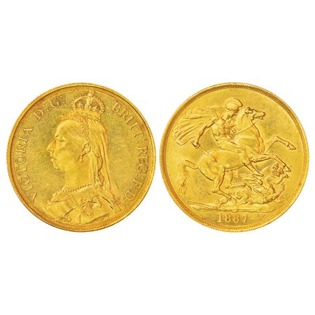 Great Britain, Victoria, gold 2 pounds, 1887, KM 768, 15.94g. Obv: Crowned and veiled bust