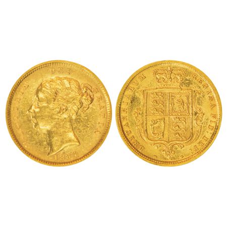 Great Britain, Victoria, gold ½ sovereign, 1884, KM 735.1, 3.96g. Obv: Young uncrowned por