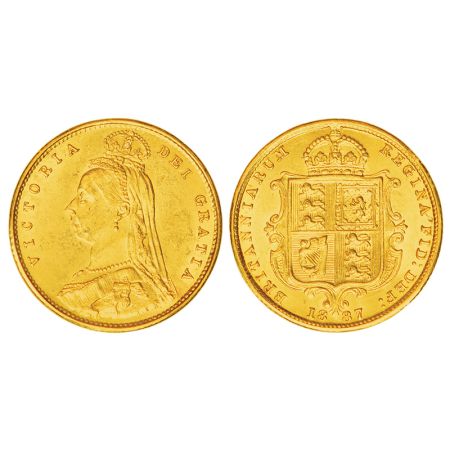 Great Britain, Victoria, gold ½ sovereign, 1887, KM 766, 3.97g. Obv: Crowned and veiled Ju