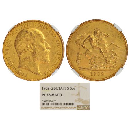 Great Britain, Edward VII, gold 5 pounds, 1902, KM 807. Obv: Portrait bust of King Edward 