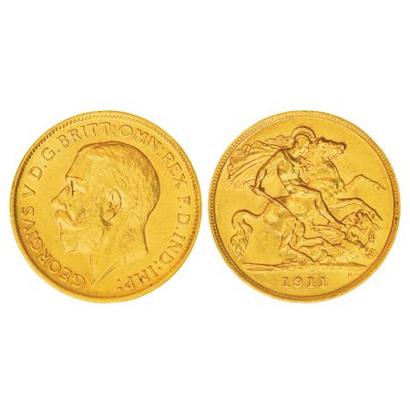 Great Britain, George V, gold ½ sovereign, 1911, KM 819, 4.00g. Obv: Portrait bust of King