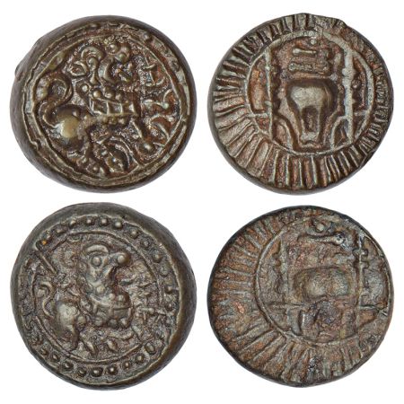 Vishnukundin dynasty of Vengi - 'lion' type, two uninscribed alloyed copper coins (c.500-6