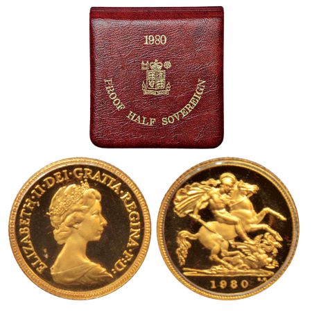 Great Britain, Elizabeth II, gold ½ sovereign, Proof, 1980, KM 922, 3.99g. Obv: Crowned po