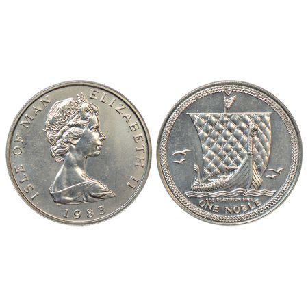 Isle of Man, Elizabeth II, platinum (999 fine), one noble, 1983, KM 110, 31.03g. Obv: Youn