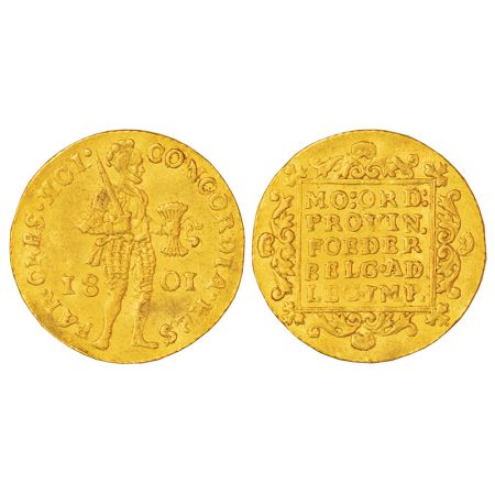 Netherlands, Batavian Republic, gold ducat, 1801, KM 11.3, 3.45g. Obv: Armoured knight sta