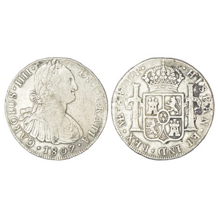 Peru, Carlos IV (1791-1808 AD), silver 8 reales, 1807, 'J.P.' mintmark, KM 97, 26.62g. Obv