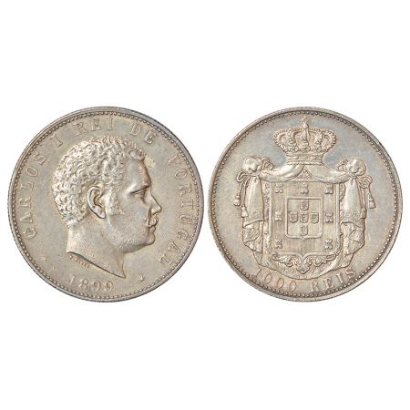 Portugal, Carlos I (1889-1908 AD), silver 1000 reis, 1899, KM 540, 24.93g. Obv: Portrait b