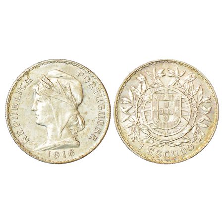Portugal, Republic, silver escudo, 1916, KM 564, 24.95g. Obv: Liberty head left. Rev: Shie