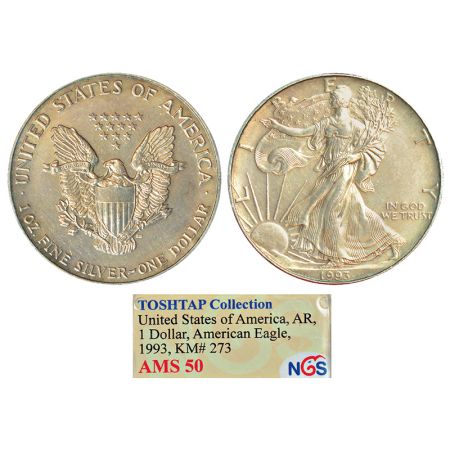 United States of America, silver (10z) dollar, 1993, KM 273. Obv: Coat of arms. Rev: Walki