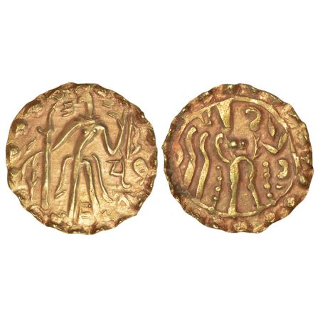 Post-Gupta coinage in Bengal, Samatata region - gold dinar of Prithubhata, king of Khadga 