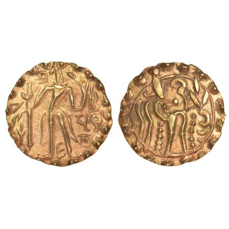 Post-Gupta coinage in Bengal, Samatata region - gold dinar of Prithubhata, king of Khadga 